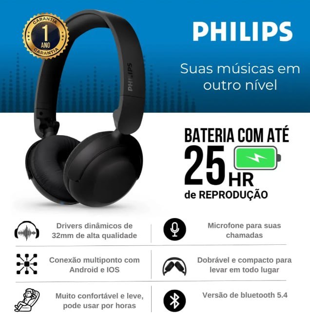 Headphone Fone Ouvido Sem Fio Philips Tah2209 Bluetooth Nfe Original Preto