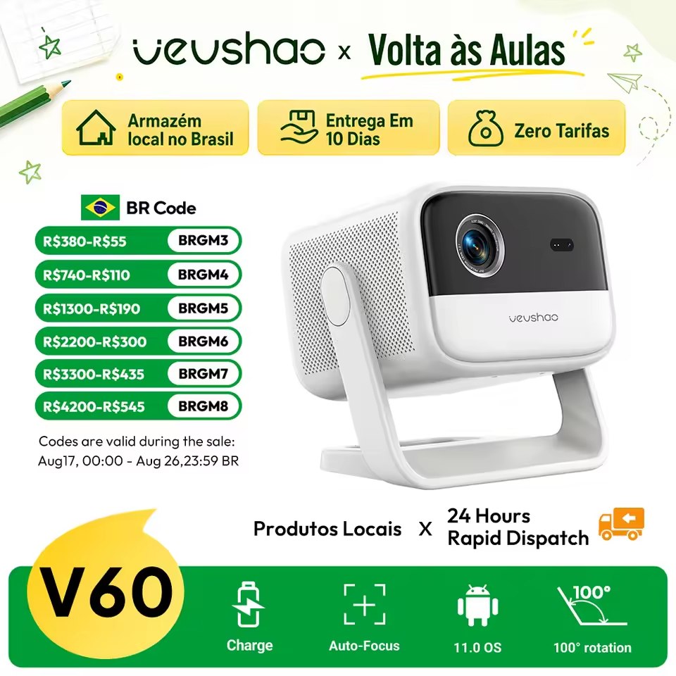 Projetor DLP VEVSHAO V60 700 Ansi Lumens Full HD 1080P com Bateria Integrada