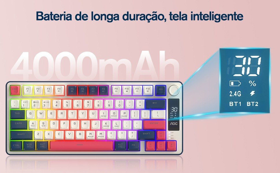 AOC GK280 Teclado sem fio 70%, Bluetooth Trimodo /2.4 GHz/USB-C, Teclado Gamer RGB LED Rainbow, Ideal para Jogos e Digitação, Ergonômico, Bateria Recarregável