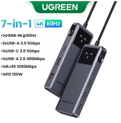 Hub USB-C UGREEN Uno 7 em 1 PD100W 4K60Hz🇧🇷 SELECIONE ENVIO DO BRASIL