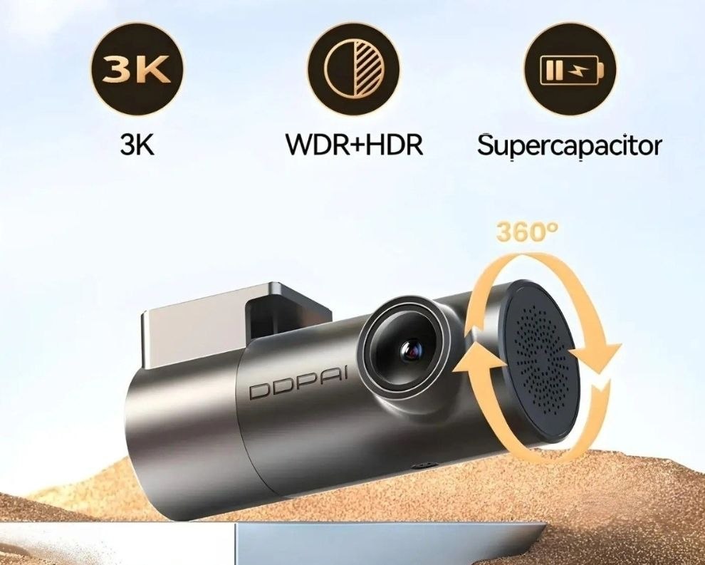 Câmera Veicular Ddpai Mini Pro 2K, 2560x1440P 30 FPS, Rotação 360°, Visão Noturna WDR, Sensor de Colisão, Monitoramento 24 Horas, Acesso por APP