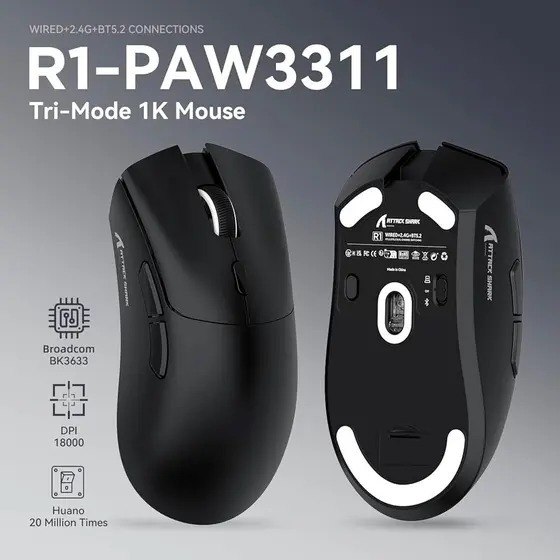 Mouse Gamer sem Fio Attack Shark R1 Ultraleve e design Ergonômico, PAW3311 - Preto