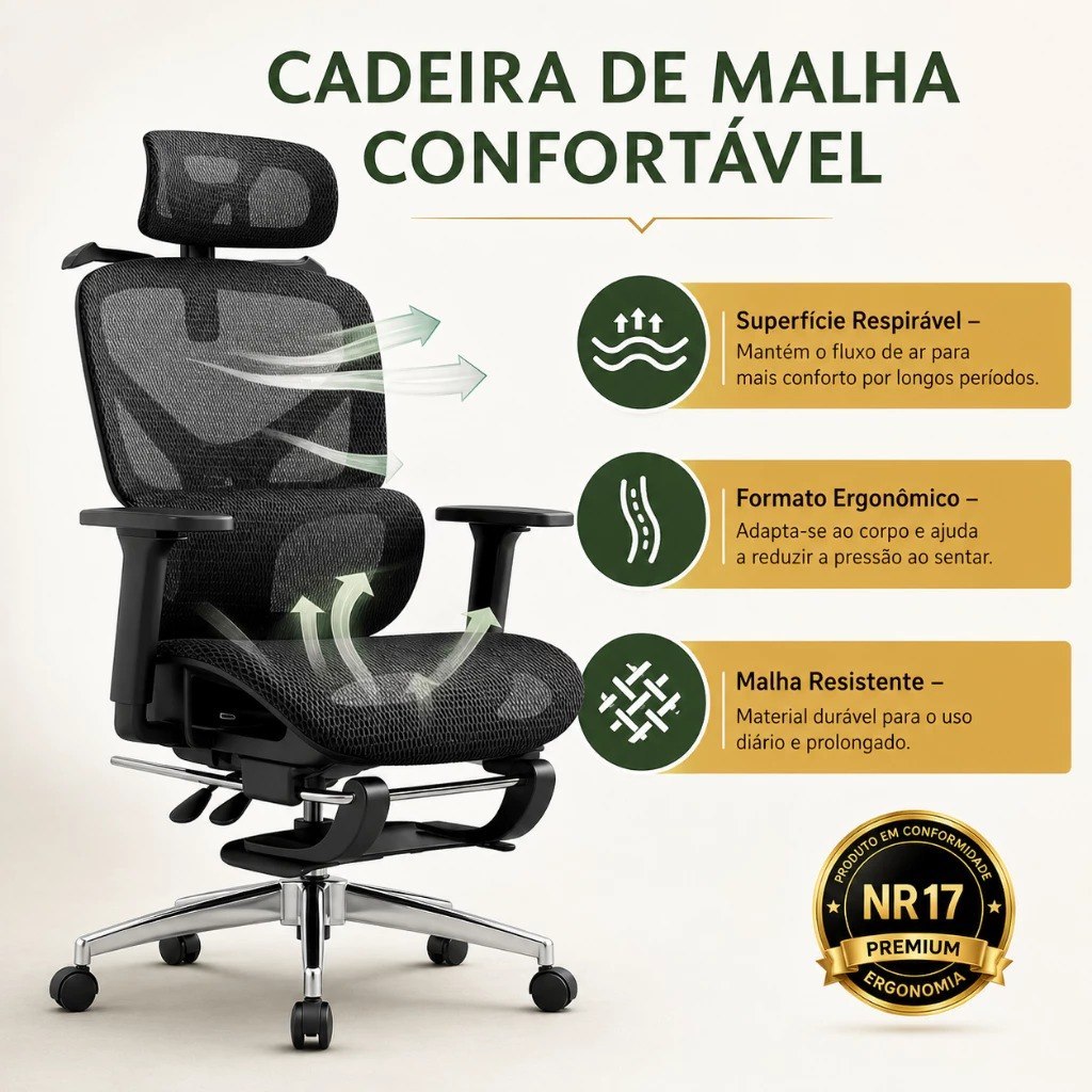 Cadeira de Escritório Ergonômica Reforçada Malha Respirável Ajustes Para Braços, Cabeça…