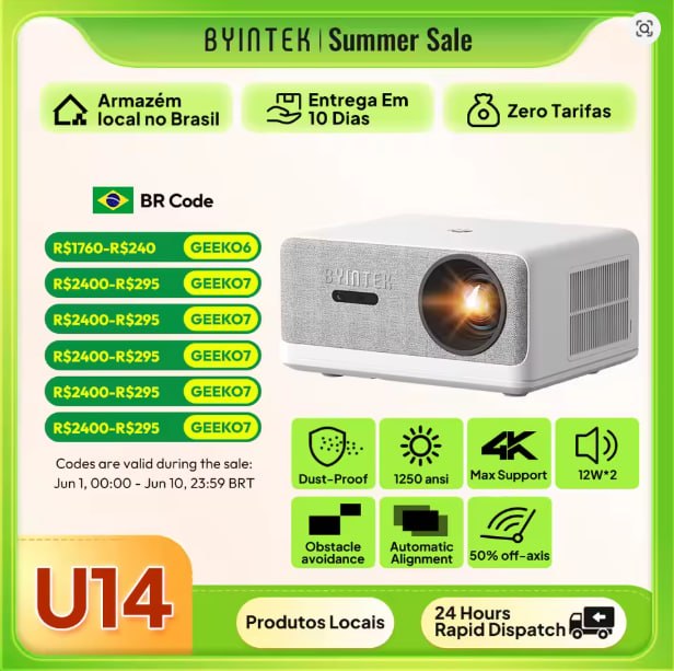 BYINTEK LOVE U14 Full HD 1080P 1250 ANSI Lumens, Foco Automático e Lente Selada 🇧🇷 Estoque no Brasil 🇧🇷 Sem Taxa