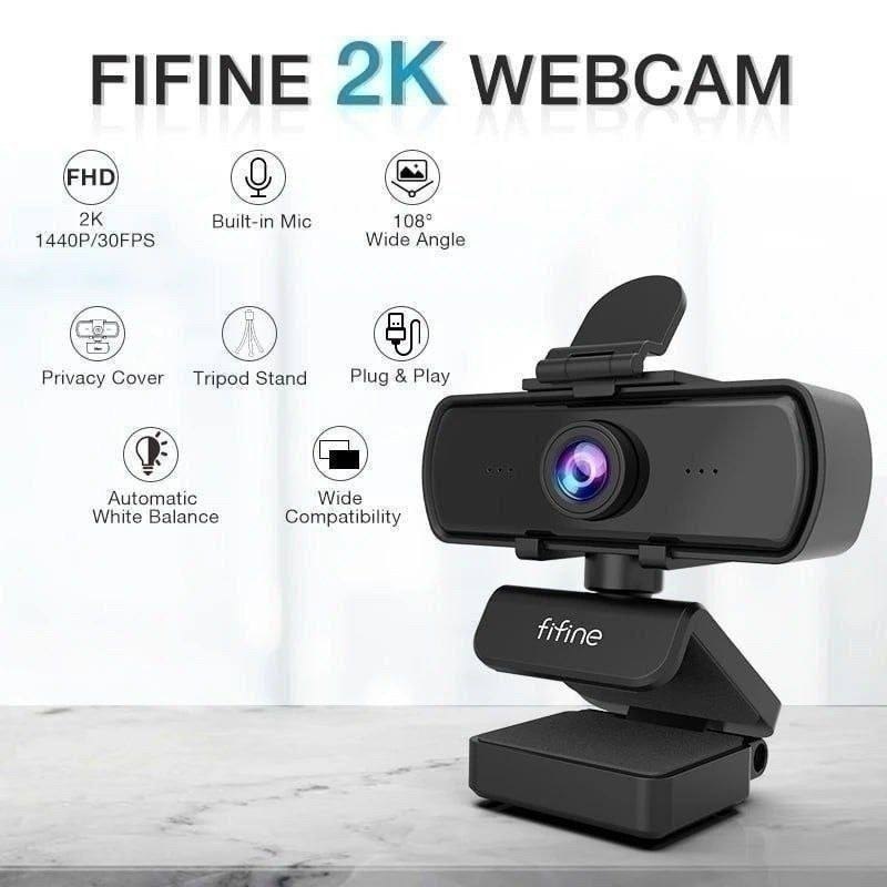Webcam FIFINE 1440p Full HD para PC com Microfone, Tripé, para Desktop e Laptop, Webcam para Transmissão ao Vivo e