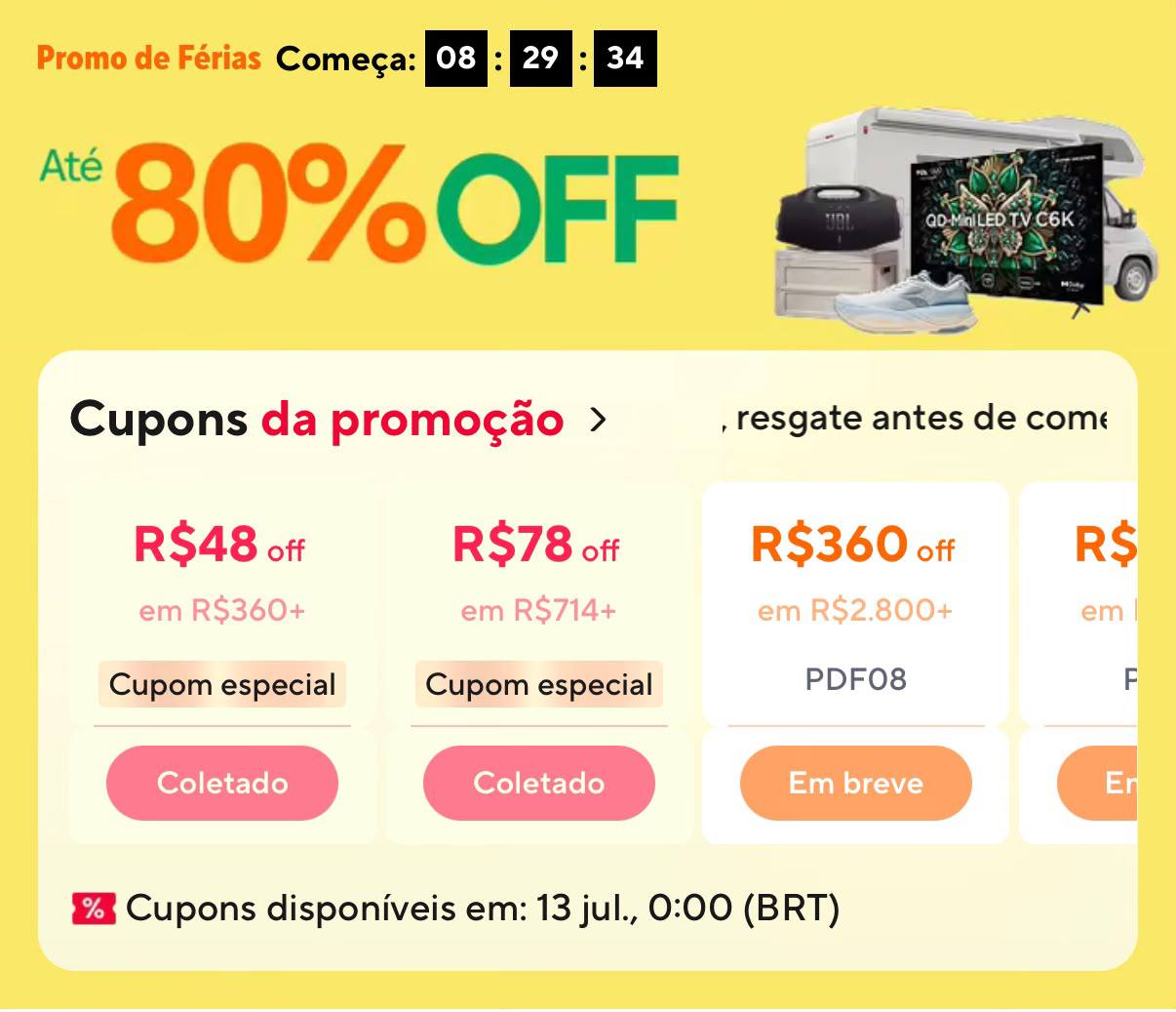 Dois cupons já disponíveis pra resgate, verifique no link abaixo: https://s.click.aliexpress.com/e/_c3kvrK0n