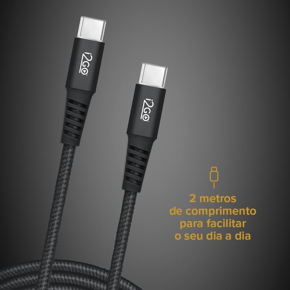 Cabo USB-C + USB-C I2GO 2m 3A Nylon Trançado Preto - I2GO PRO 60w