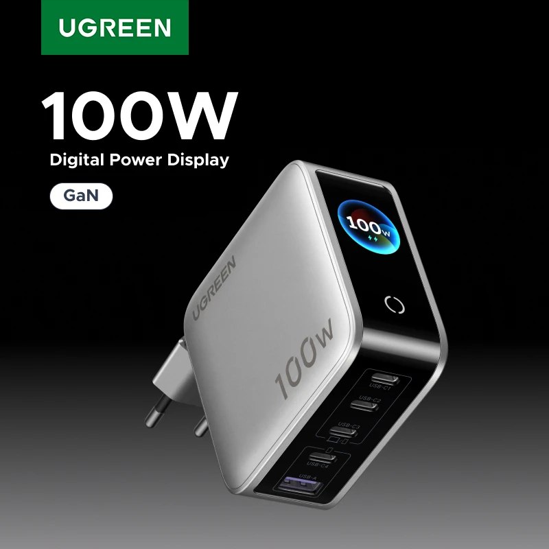Carregador UGREEN 100W GaN com Display Inteligente QC4.0 PD 3.0 USB C para MacBook Pro, Notebook, iPhone 17/16 Pro, iPad, Tablet e Samsung