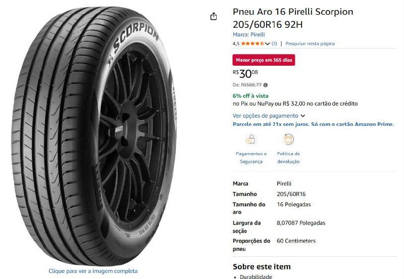Pneu Aro 16 Pirelli Scorpion 205/60R16 92H