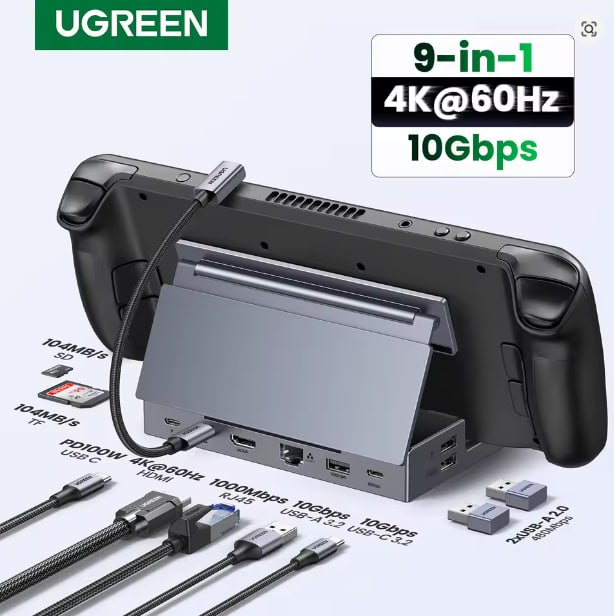 UGREEN Steam Deck Dock 4K60Hz 9 Ports RJ45 PD100W USB C HUB Compatible with Steam Deck ROG Ally LEGION Go iPhone 15 Pro/Pro Max
