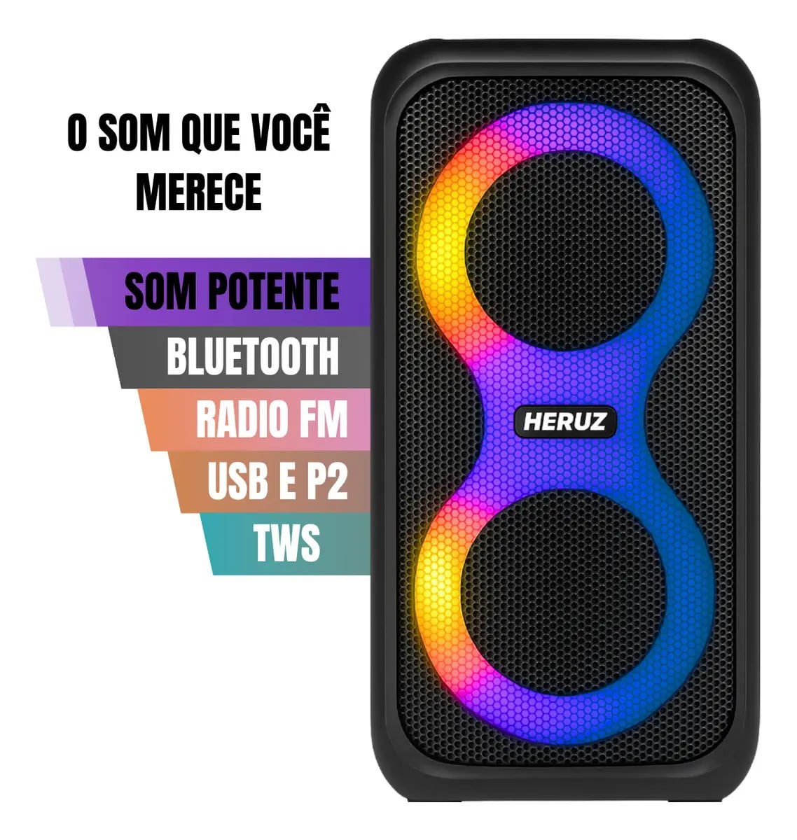 Caixa de Som Bluetooth Caixinha Grande 2 Altos Falantes 10w-hz 5.0 Boombox Com Radio Fm E Entrada Usb Pendrive - Heruz