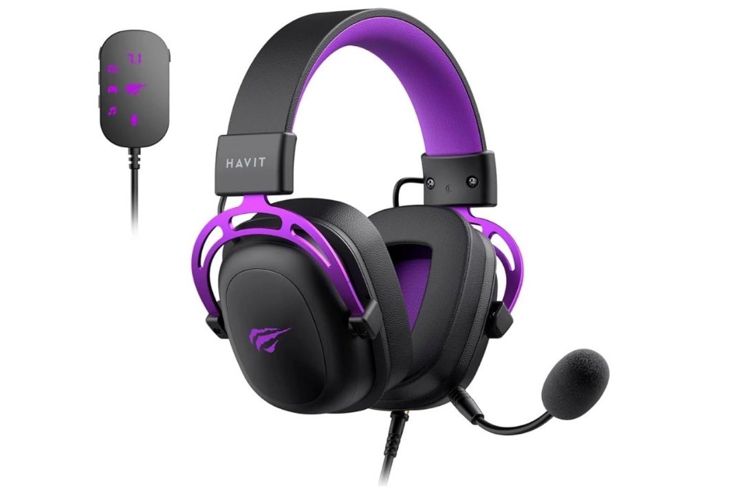 Headset Gamer Havit Gamenote H2002C + U Adaptador USB 7.1  Microfone Destacável, Preto/Roxo