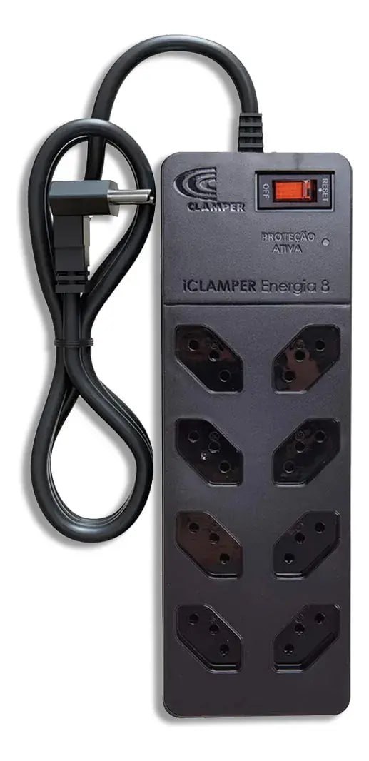 Filtro de Linha com Protetor de Surto DPS iCLAMPER Energia 8 Tomadas 3 Pinos 10 Amperes com Tecnologia LCF Anti Raio Cor Preto