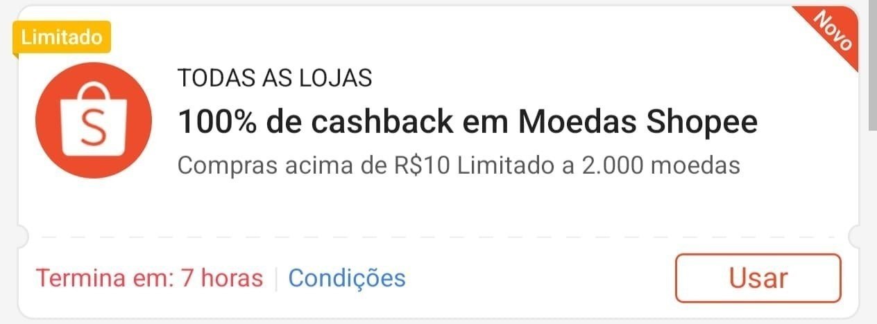 Novo cupom Cupom 100% Cashback Moedas Shopee!