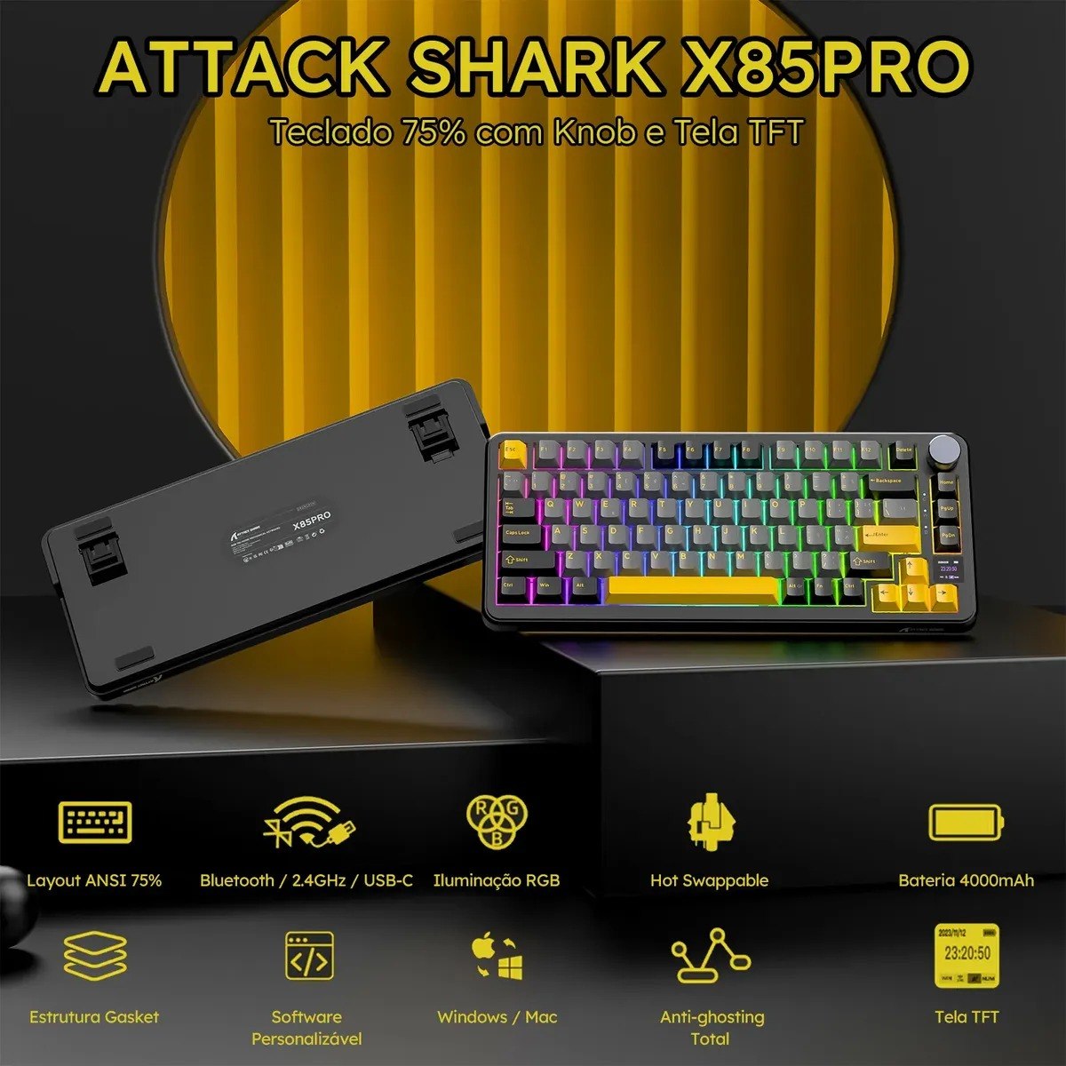 Teclado Mecânico Sem Fio Attack Shark X85pro 75% Tela Tft