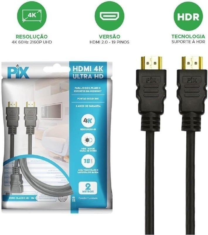 PIX Cabo Hdmi 2.0 4K Hdr 19P 2M Pix Gold, Preto