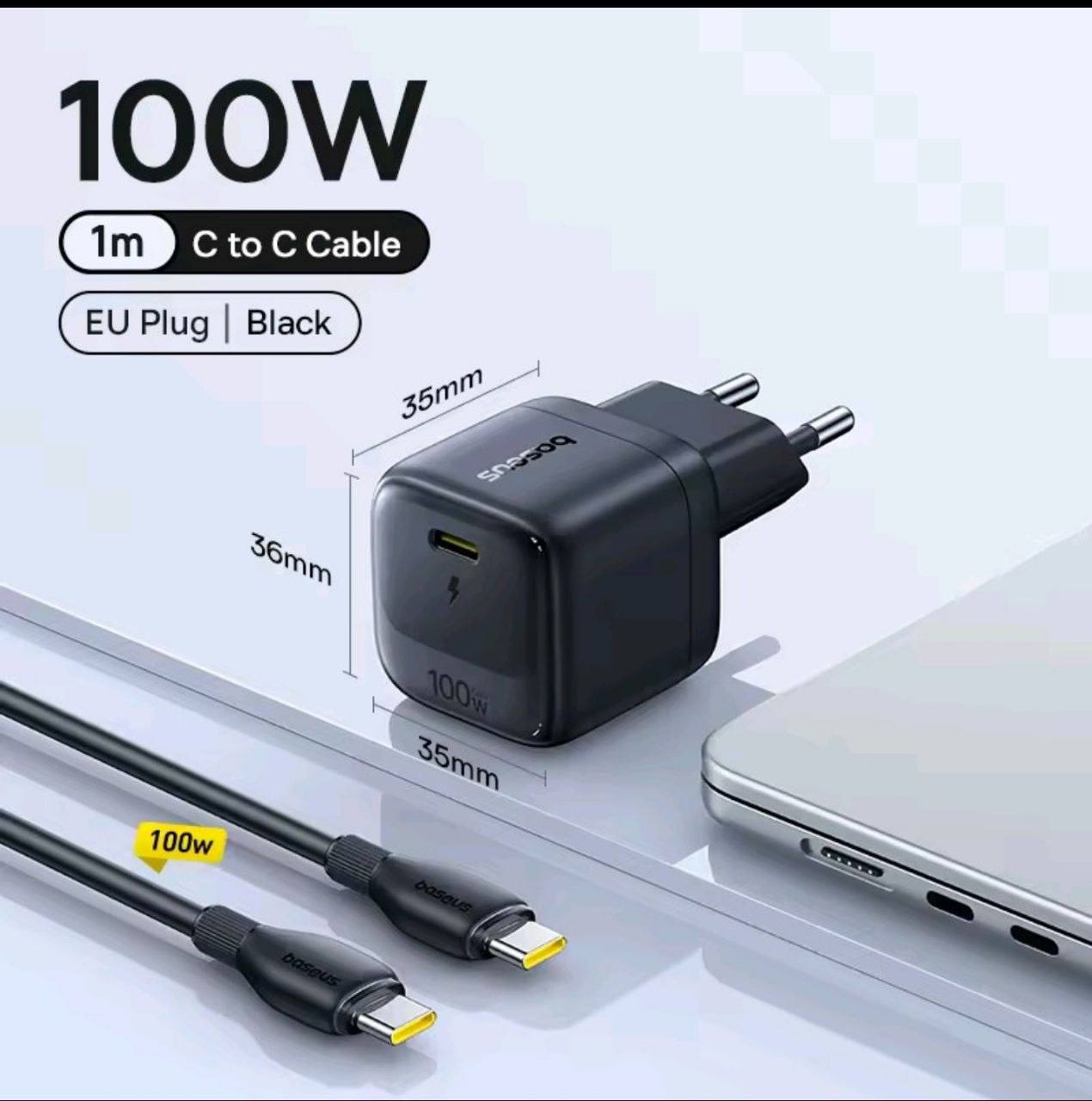 CARREGADOR BASEUS MINI GAN 100W USB C + CABO BASEUS 100W 1 METRO