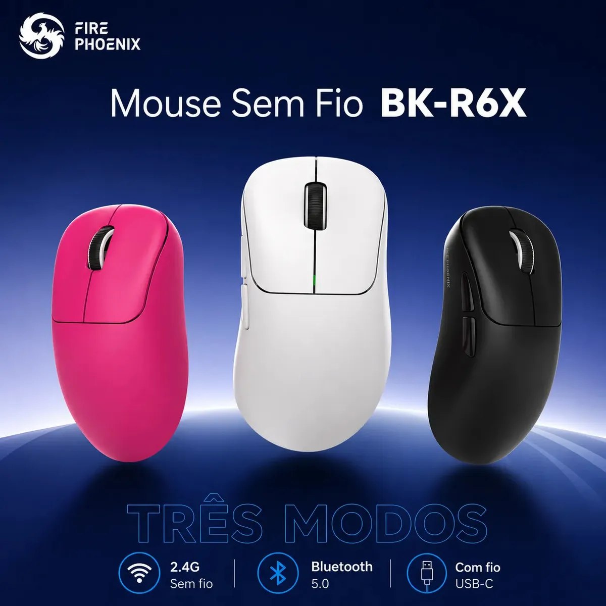 Mouse Gamer Sem Fio Tri Mode Bluetooth 18000dpi Paw3311 500 mAh Fire Phoenix Bk-r6x