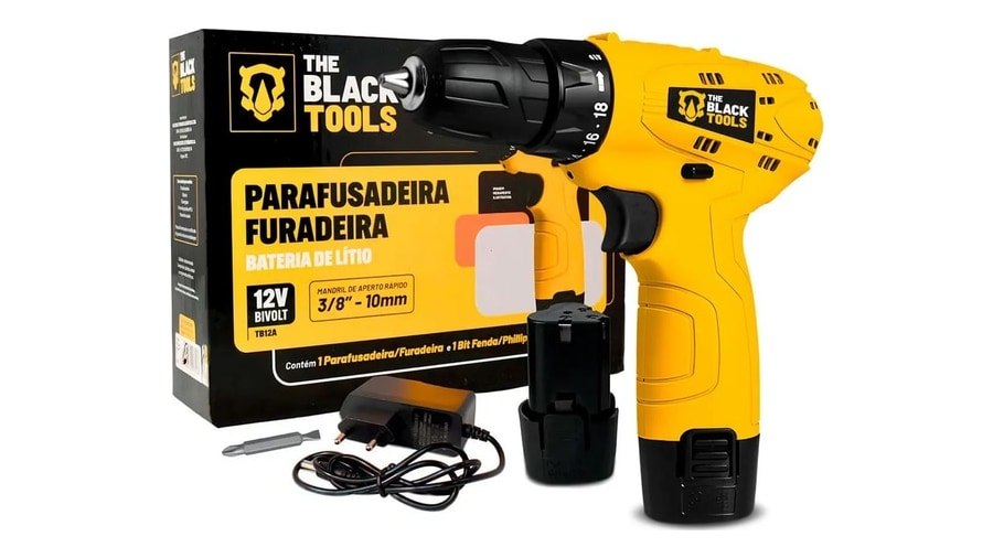 Parafusadeira Furadeira The Black Tools TB12A 3/8 a Bateria Cor Amarelo Frequência 60Hz