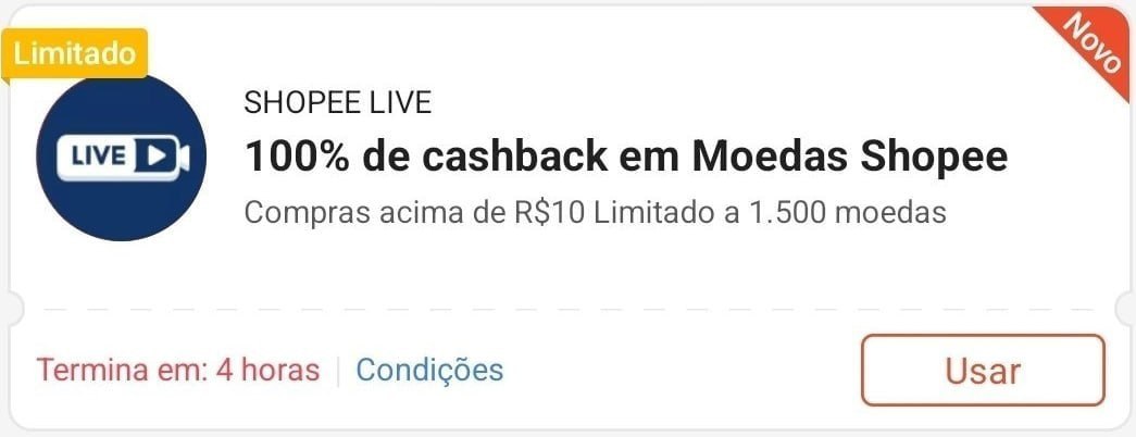 Novo Cupom 100% de Cashback