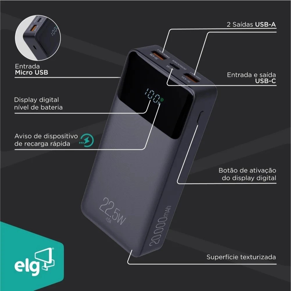 Power Bank Carregador Portátil Elg Pb200bk 20000Mah 22,5W