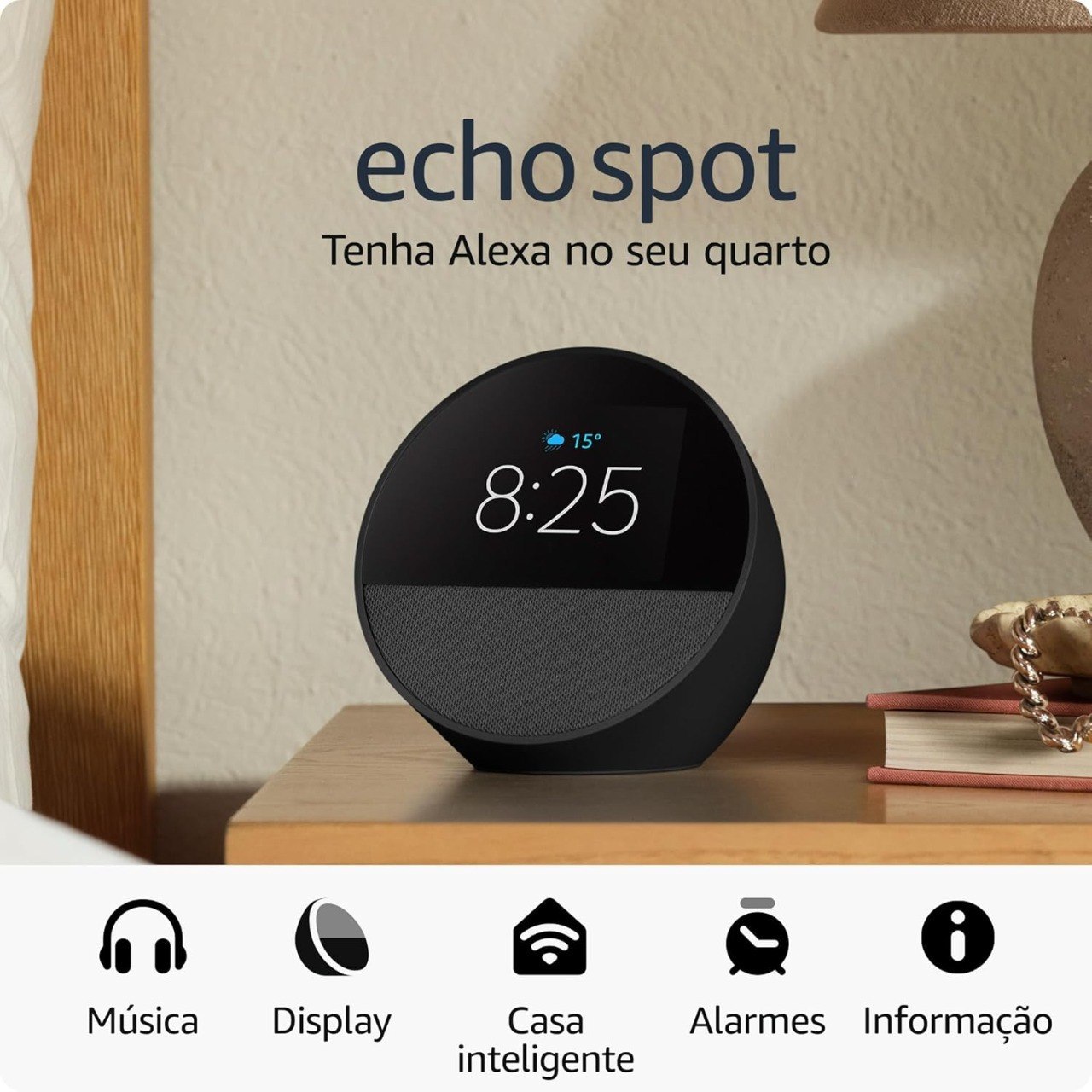 Echo Spot com Alexa (Geração mais recente) | Despertador inteligente com som vibrante - com Acesso Antecipado à Alexa
