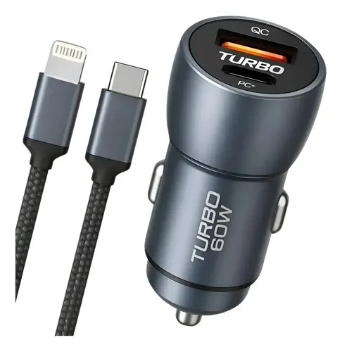 Carregador Veicular Turbo 60w Com Cabo Trançado 1m