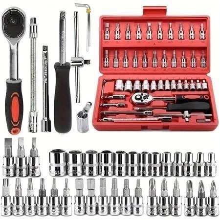 Kit De Ferramentas 46 Peças Jogo De Soquetes Chave Catraca Reversível Com Maleta Jogo De Ferramentas