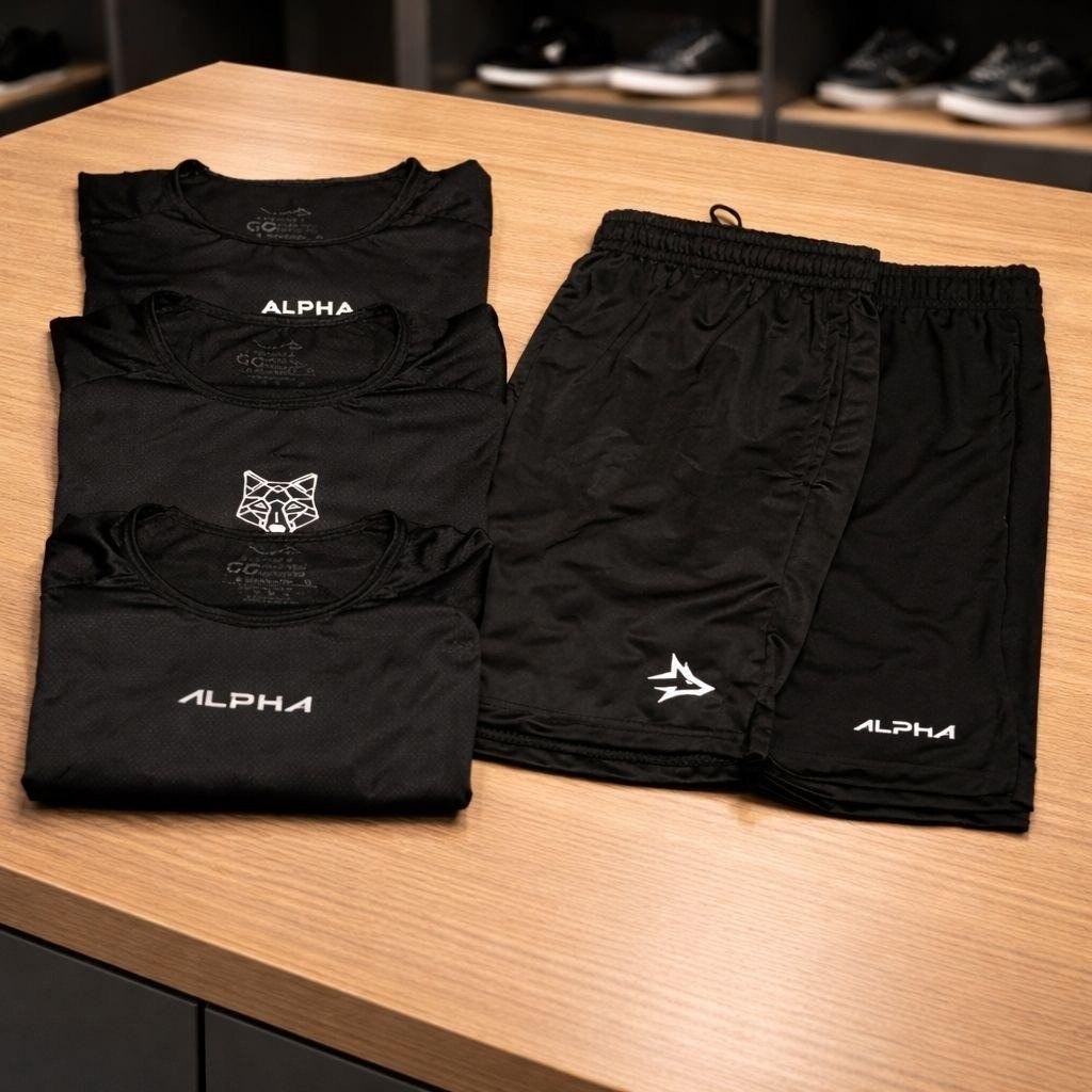 Kit 5 Peças All Black Dry 3 Camisetas E 2 Bermudas Alpha