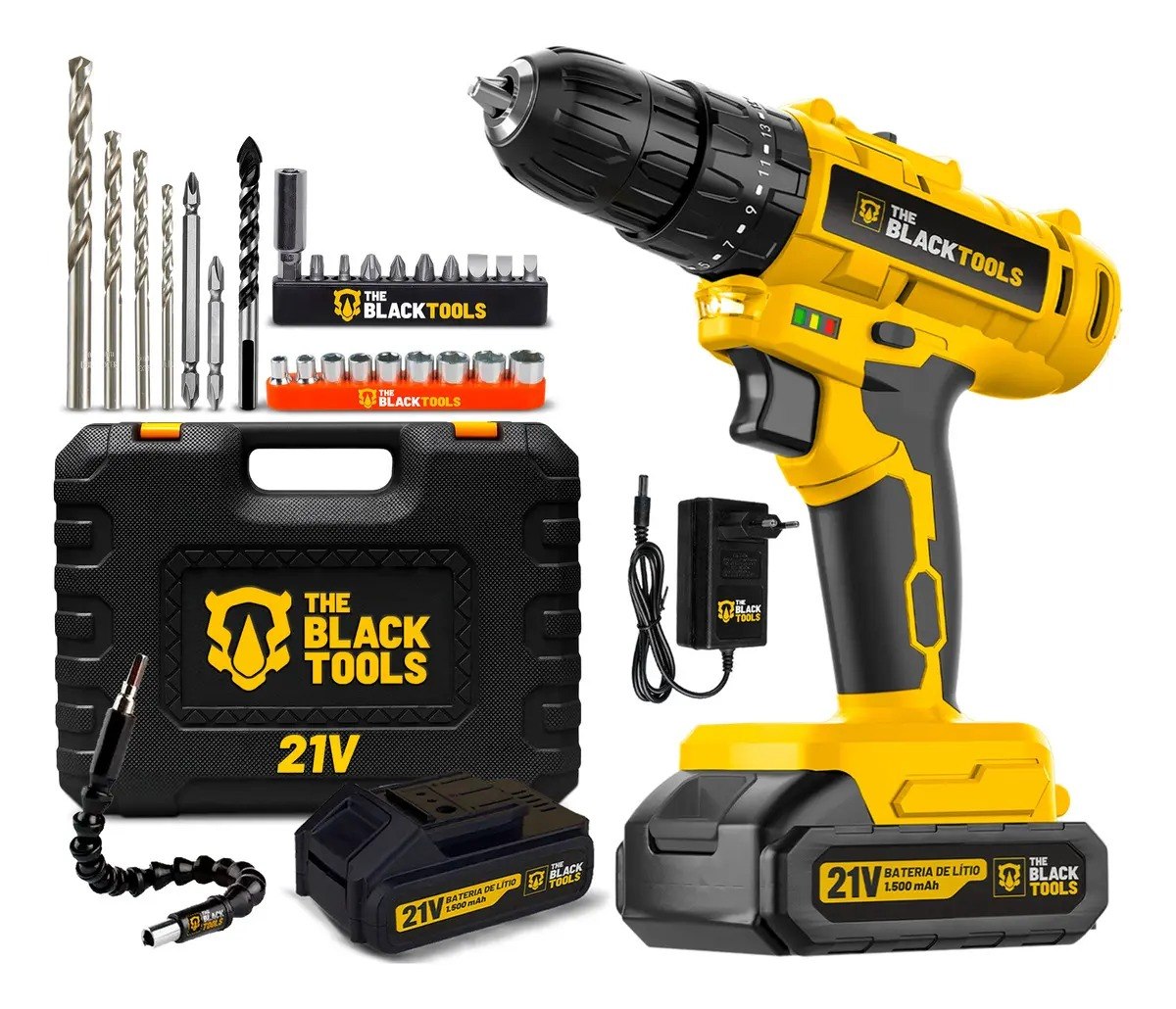 Parafusadeira Furadeira De Impacto A Bateria 21V 3/8 Bivolt 1400 Rpm Com Acessórios E Maleta TB-21PZW The Black Tools