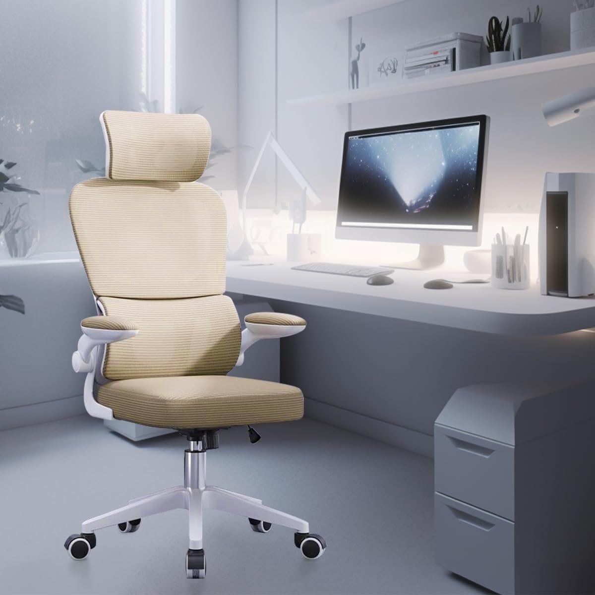 Cadeira de escritório, design ergonômico com suporte lombar independente, malha respirável e encosto de cabeça ajustável