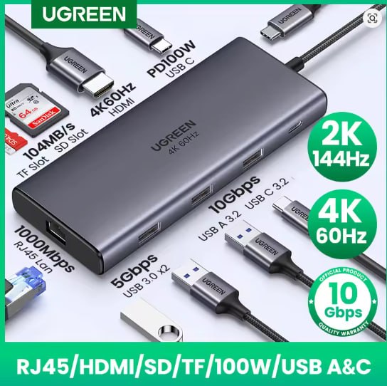 UGREEN USB-C HUB 9 em 1 Tipo-C para 4K60Hz HDMI 10Gbps de dados 1000Mbps RJ45 PD100W SD e TF para acessórios para laptop MacBook DELL iPad HP