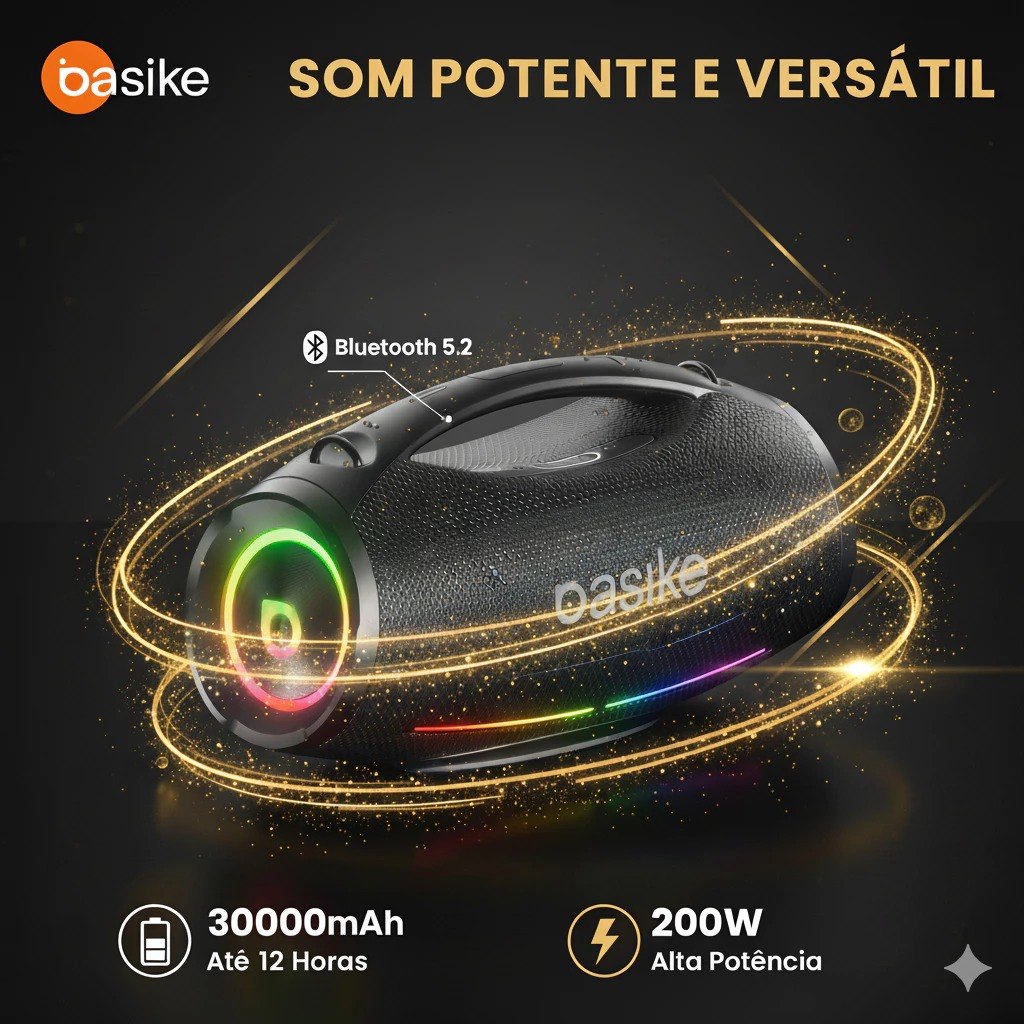 Basike Caixa de Som Boombox Plus Bluetooth 200w IpX6 Bateria 12 Horas Som Potente Preto Ba-RAD304