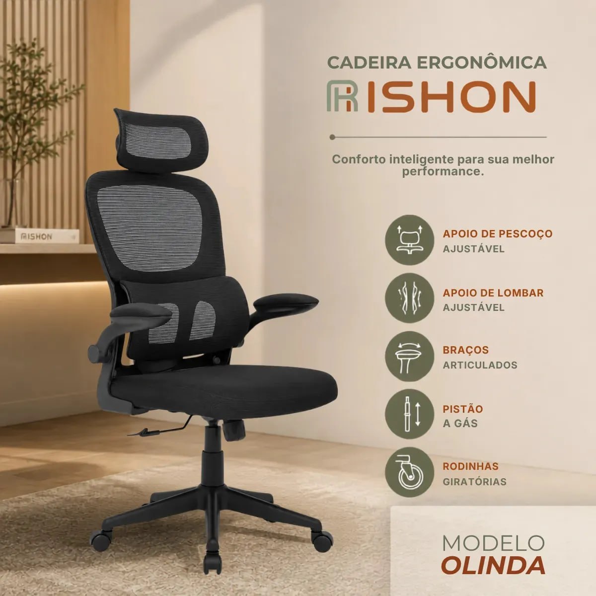 Cadeira Escritório Ergonômica Giratoria Reclinavel Olinda RSH500 Rishon