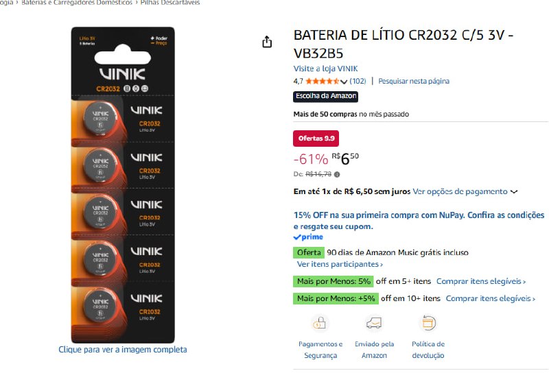 BATERIA DE LÍTIO CR2032 C/5 3V VB32B5