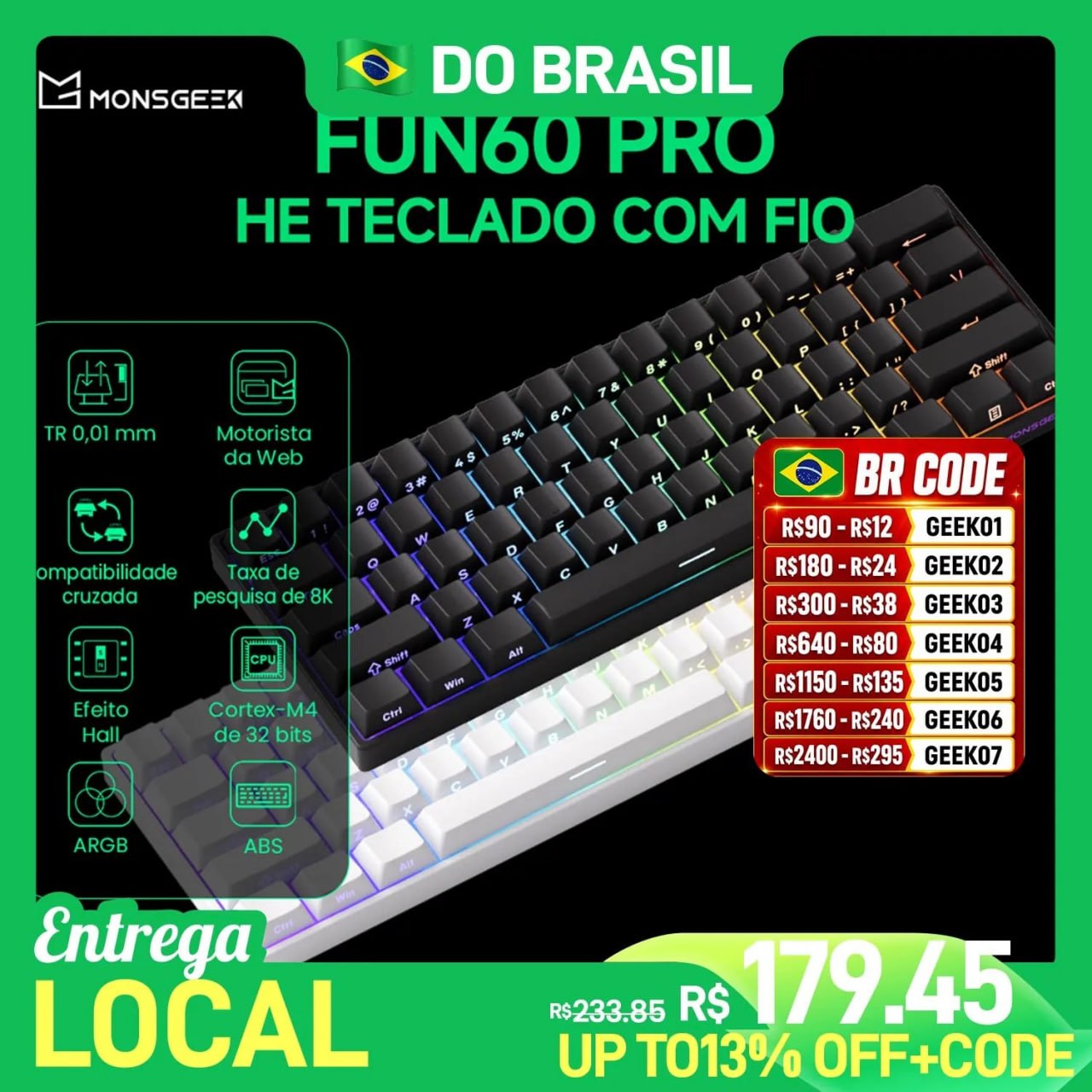 Teclado Magnético Akko Fun60 Pro HE, RGB, 8000Hz, Gatilho rápido 0.001