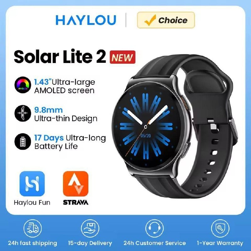 HAYLOU Solar Lite 2 Smartwatch 1.43 ''AMOLED Display 24h Monitoramento de Saúde Mais de 150 Modos Esportivos Chamadas