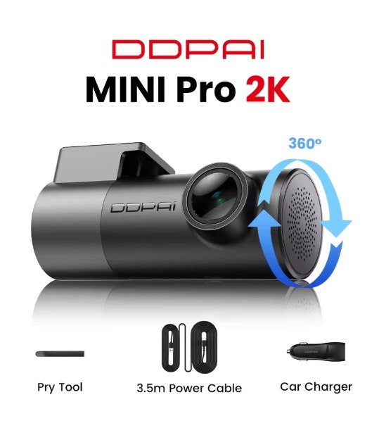 Câmera Veicular DDPAI Mini Pro 2K, 2560x1440P 30 FPS, Rotação 360°, Visão Noturna WDR, Sensor de Colisão, Monitoramento 24 Horas, Acesso por APP