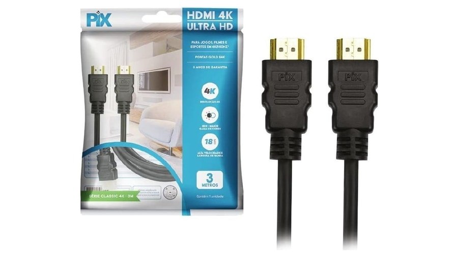PIX Cabo Hdmi 2.0 4K Hdr 19P 3M Gold, Preto