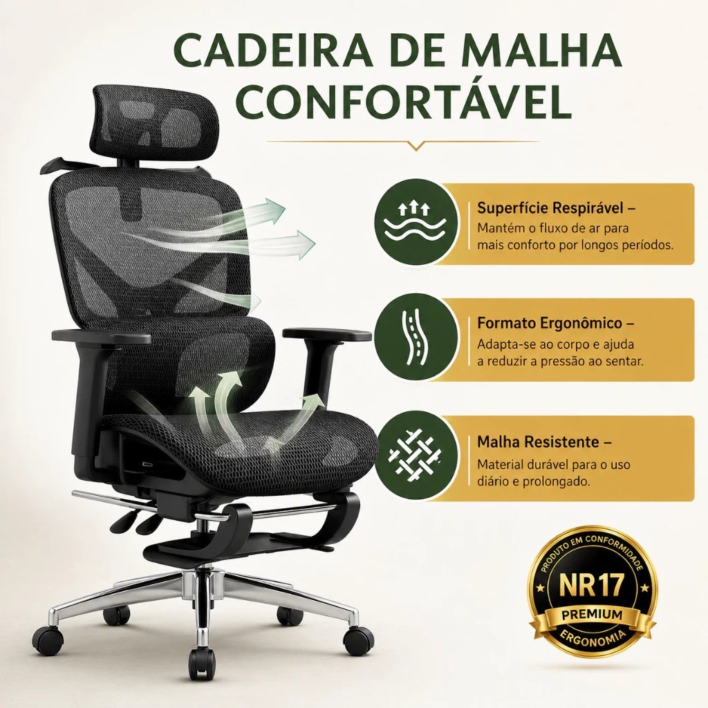 Cadeira de Escritório Ergonômica Reforçada Malha Respirável Ajustes Para Braços, Cabeça, Lombar e Apoio Pés - LARUNO