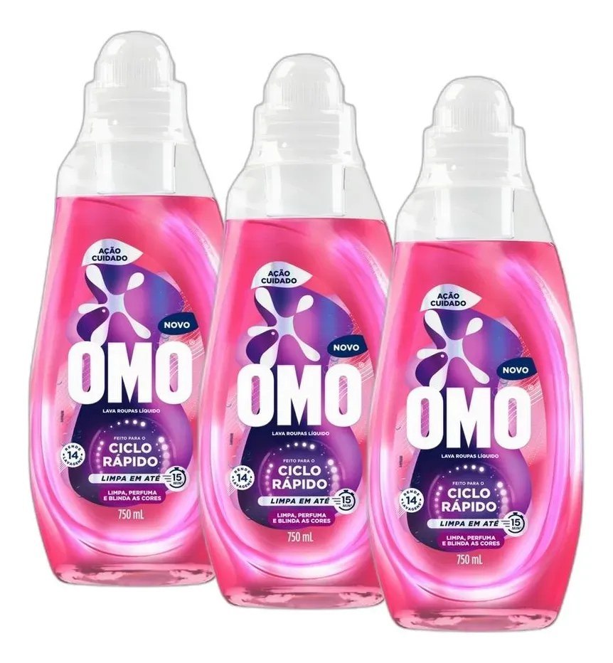 Kit 3 Lava-roupas Omo Ciclo Rápido Ação Cuidado 750ml Cada