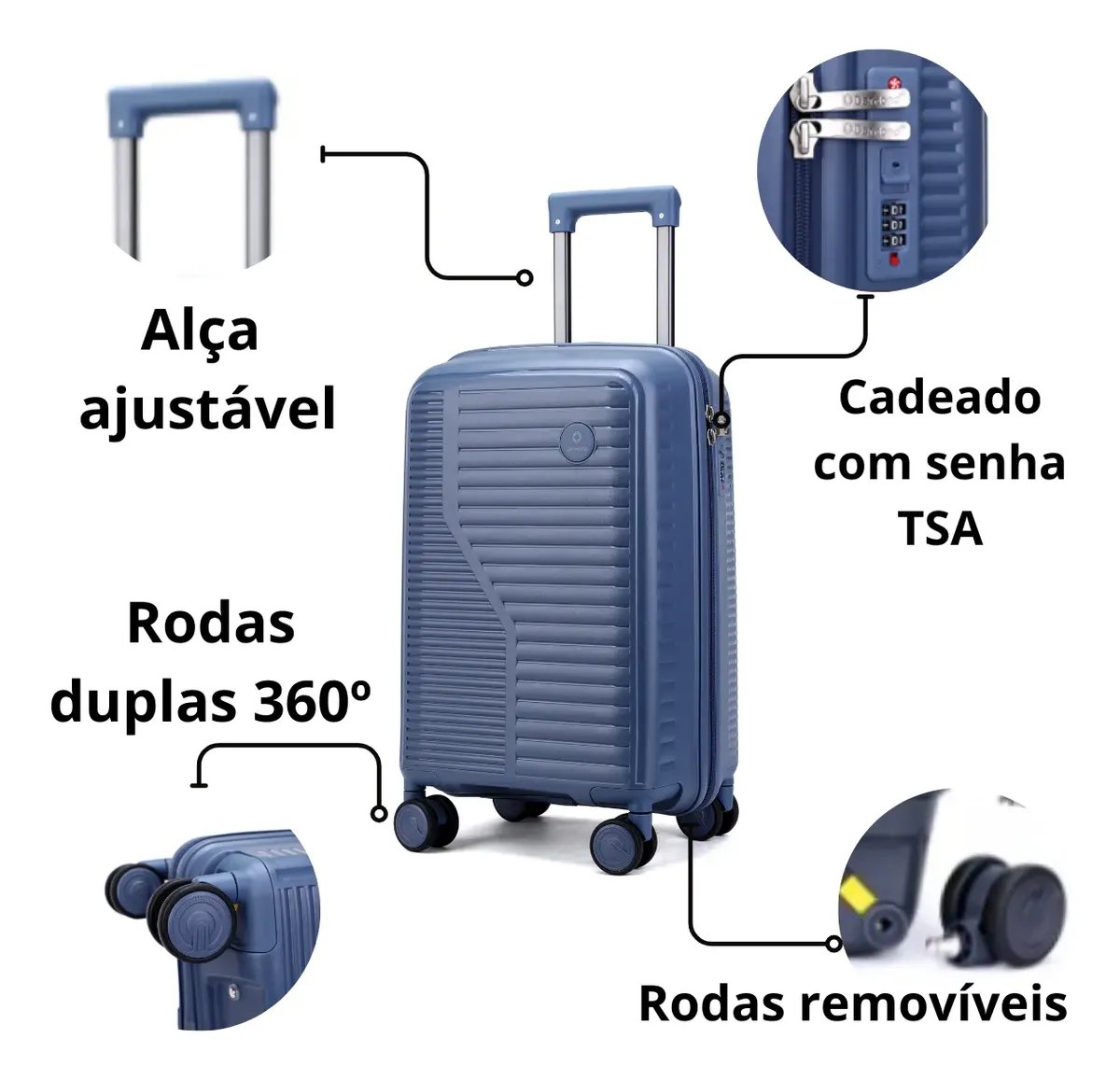 Mala Bordo Polipropileno (Resistente não querbra) 10kg Viagem Mão Avião Padrão Anac 55x35x25  - Ziper Duplo Antifurto, Rodas 360 Removiveis.