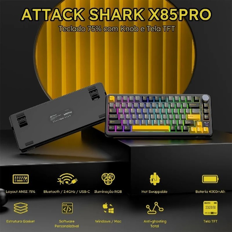 Teclado Mecânico Sem Fio Attack Shark X85pro 75% Tela Tft