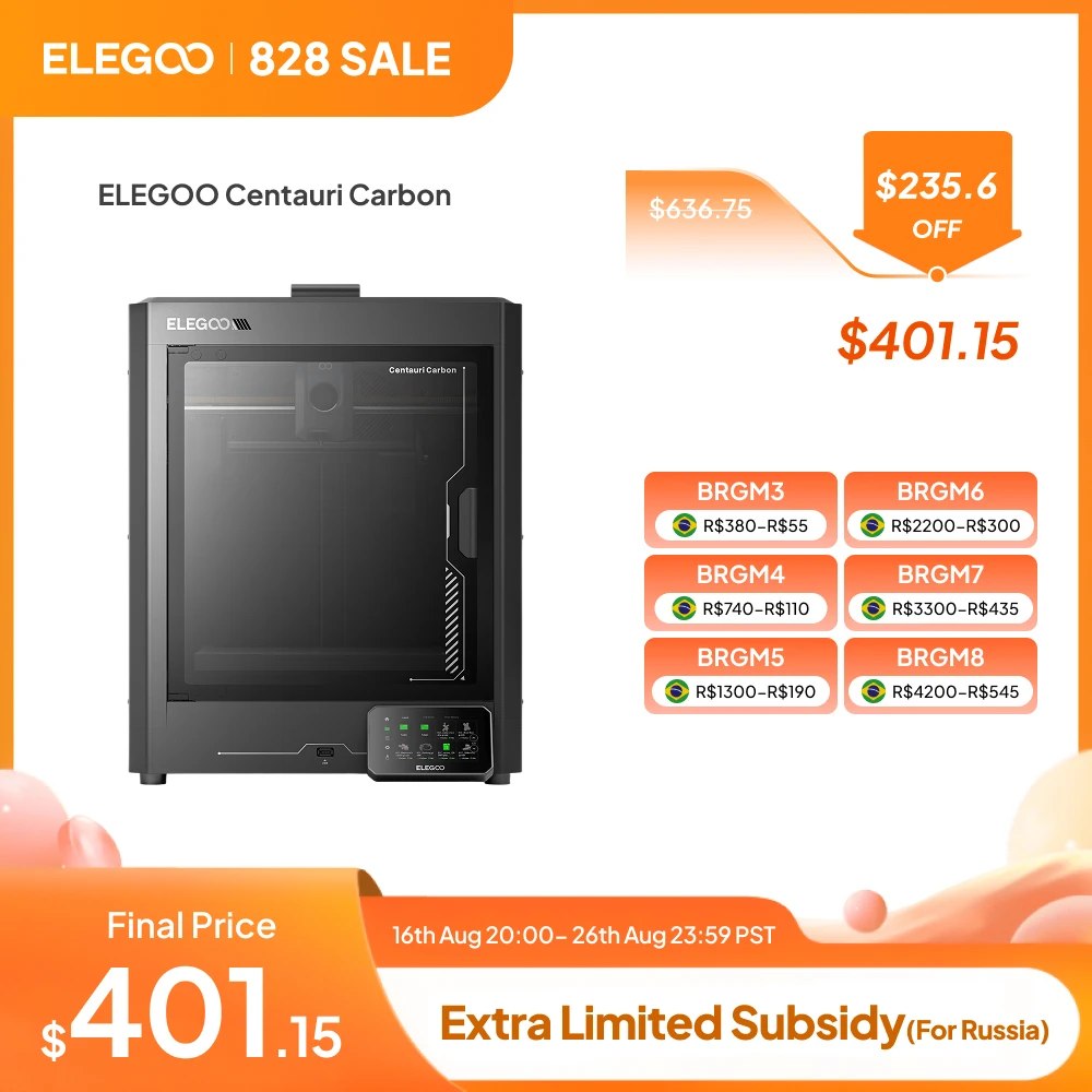 Impressora 3D Elegoo Centauri Carbon, Impressão em Alta Velocidade CoreXY 500mm/s, 320 ° Bico C, Tamanho de Impressão 256x256x256mm