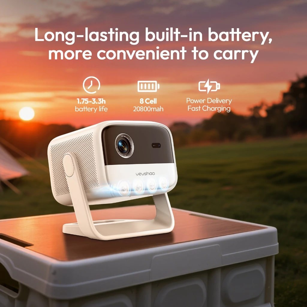 Projetor VEVSHAO V60 1080P 700 ANSI Bateria 20800mAh TOF Focus MEMC 4LED Android 11 Keystone Auto