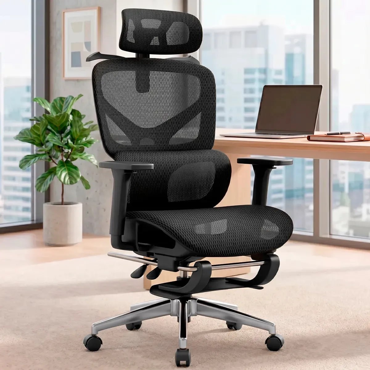 Cadeira Escritorio Ergonomica Giratoria Preta Apoio Cabeca Suporte Lombar Apoio Pes Encosto Reclinavel
