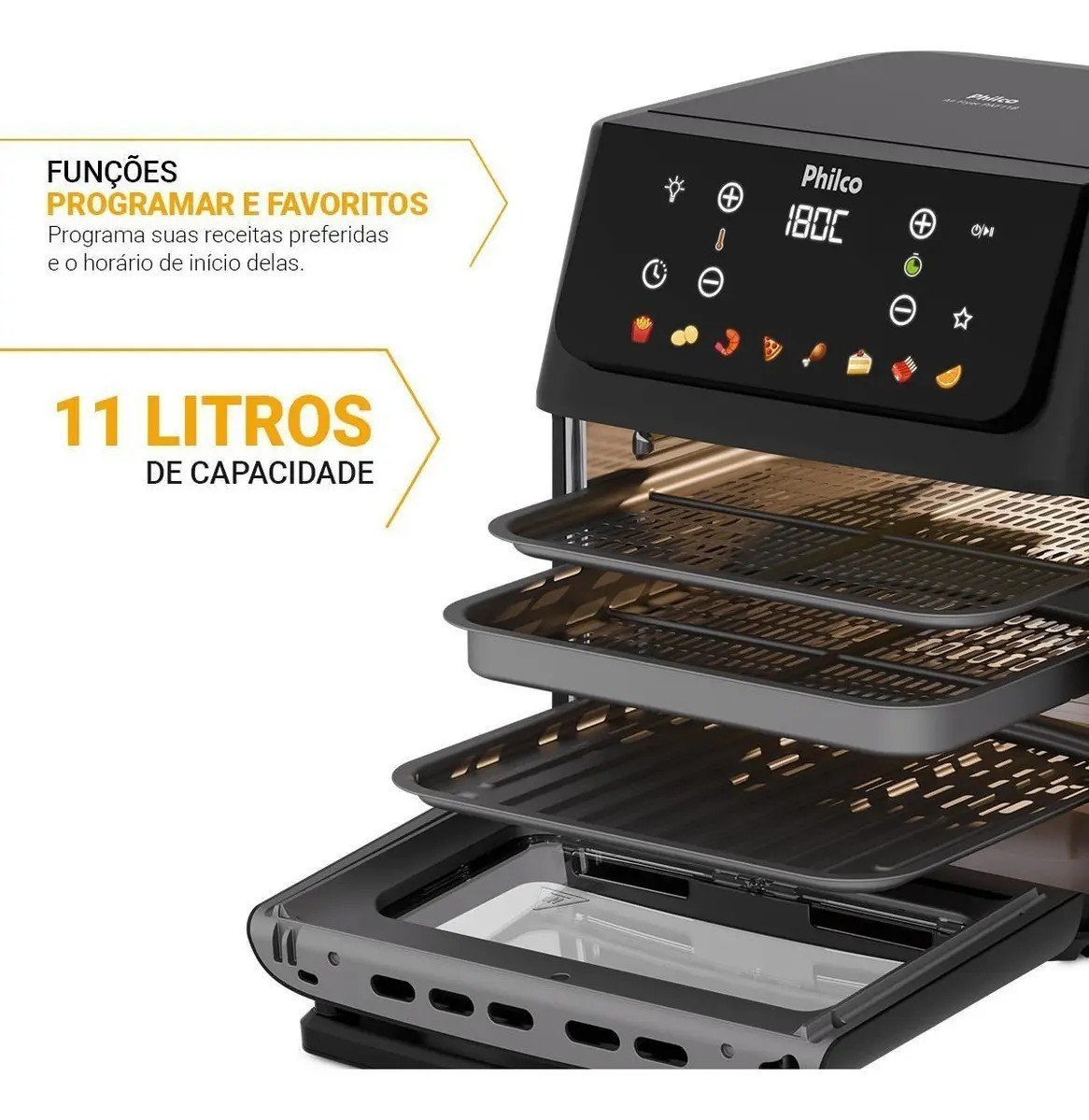 Air Fryer Oven Philco 11L 8 Funções Visor 1800W PAF11B 110V