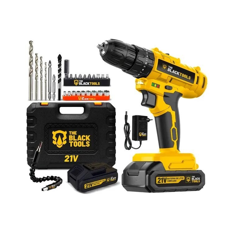 Parafusadeira Furadeira De Impacto A Bateria 21V 3/8” Bivolt 1400 Rpm Com Acessórios E Maleta TB-21PZW The Black Tools