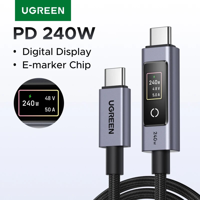 Cabo USB-C UGREEN PD240W com Display Digital e Carregamento Inteligente para Laptop