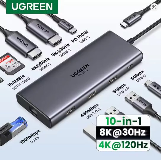 UGREEN Dual HDMI USB-C HUB 8K 4K Adaptador HDMI 10 em 1 Divisor com RJ45 USB3.0 PD 100W Dock para MacBook Pro Air Laptop USB HUB